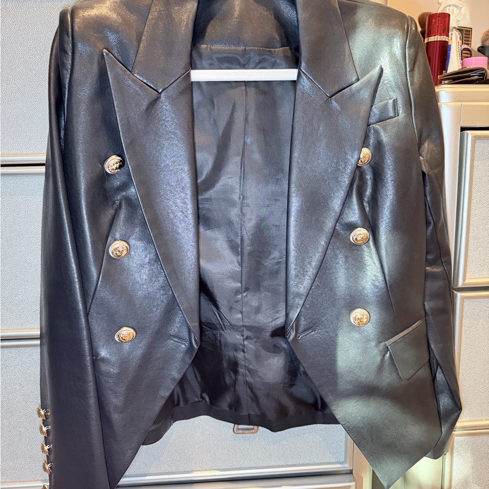 Black Leather Blazer Gold Buttons | Cropped Double Breasted Jacket